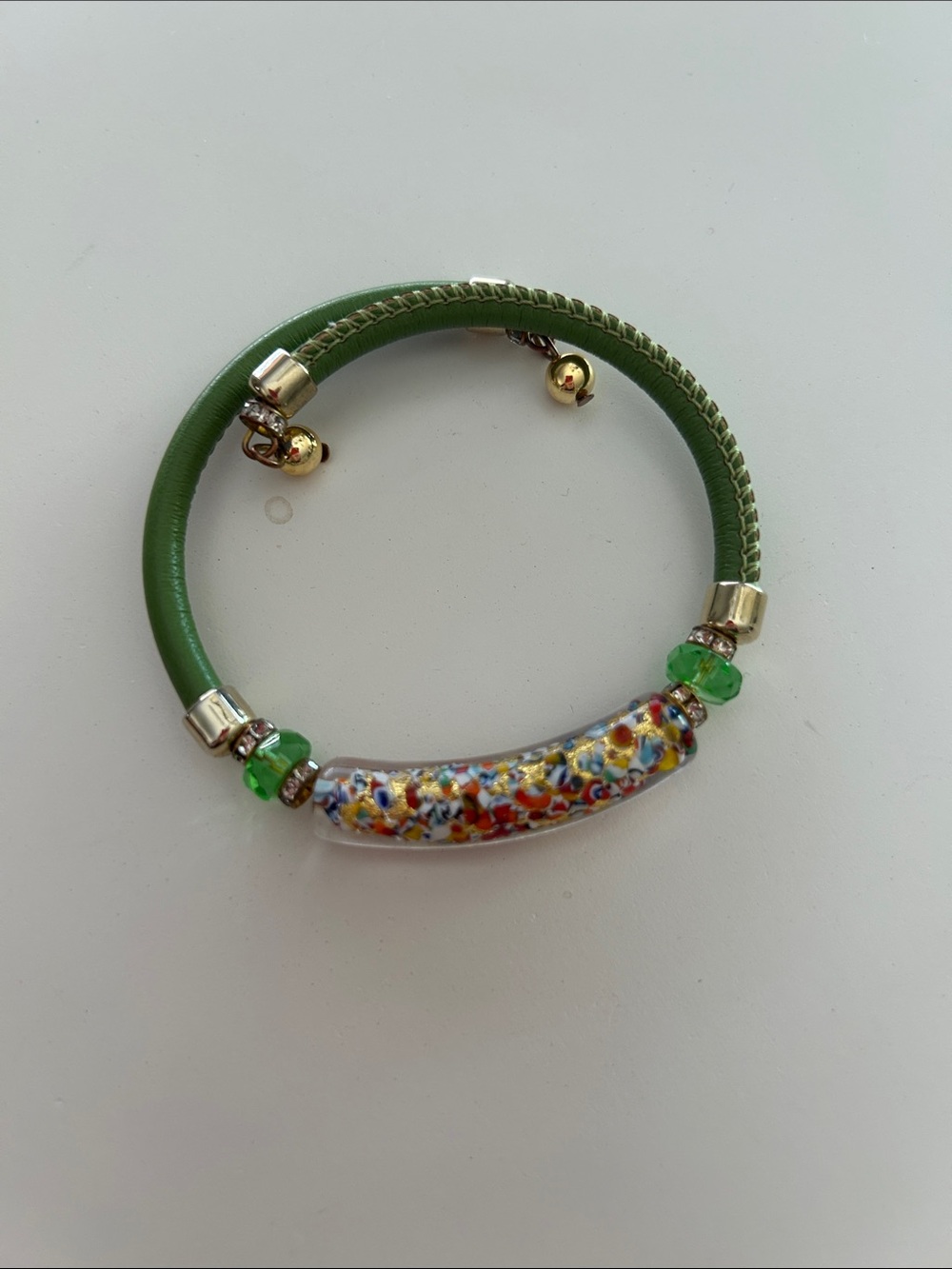 Green Leather Bracelet with Colorful Murano Glass Accent